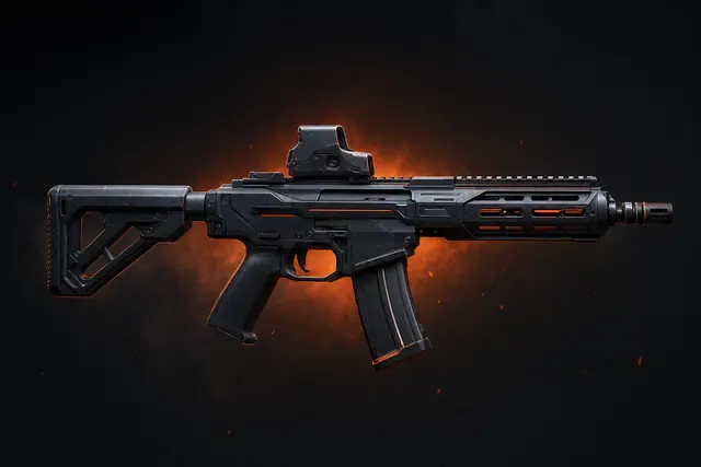 The BR-7 assault rifle, matte graphite with an ember accent line and a holographic sight