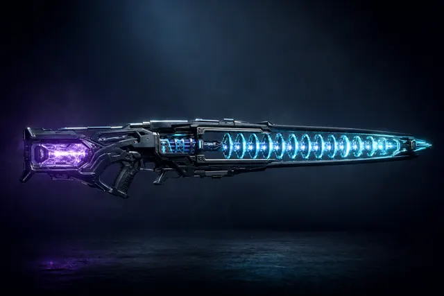 The Rift Lance energy rifle with glowing cyan coils and a violet crystal cell
