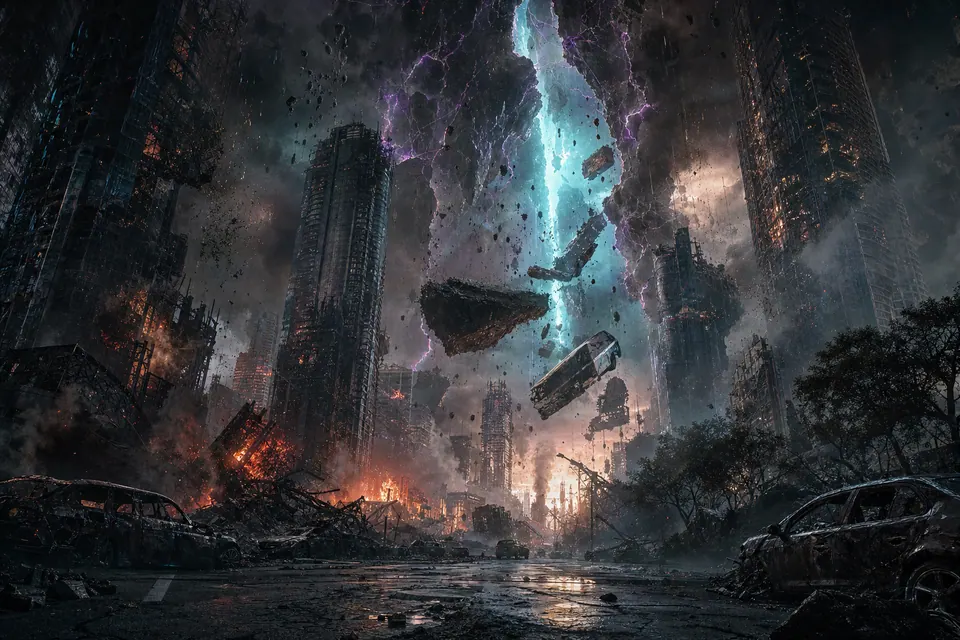A ruined downtown avenue at dusk where a dimensional rift splits the sky and a bus floats in mid-air