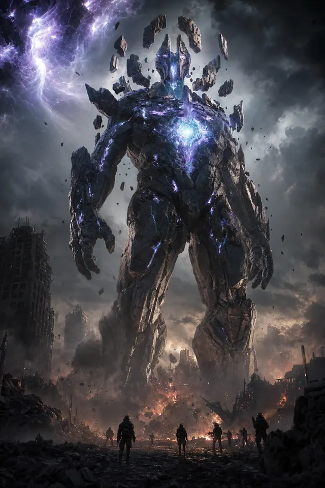 A colossal stone titan with a crown of floating rocks and a glowing chest core towers over a ruined city