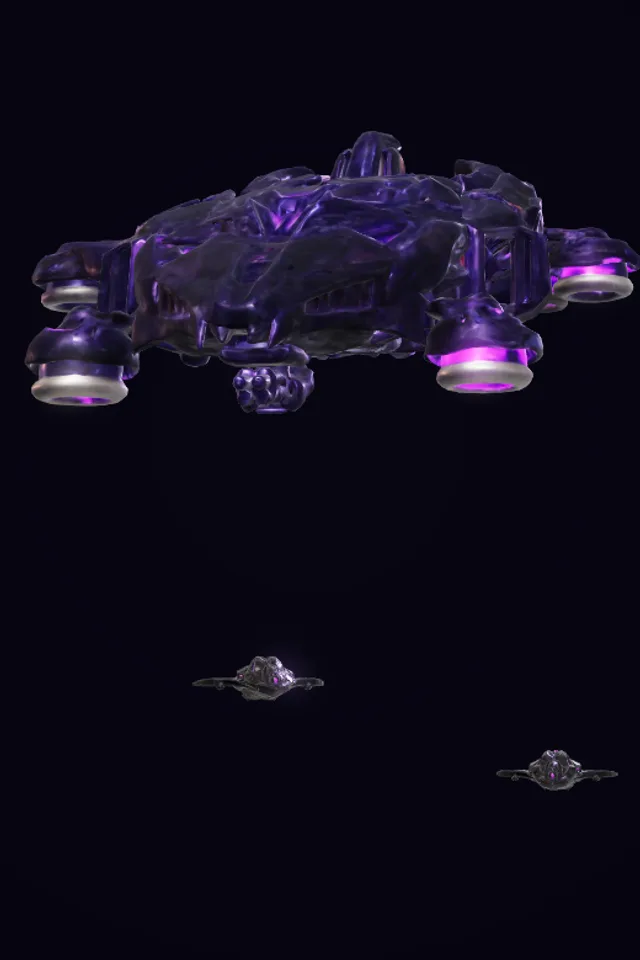 A violet rift gunship hovers on glowing thrust rings above two strike drones, rendered from the game's own models