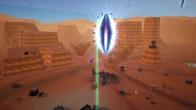 In-game screenshot: red mesas, dust devils and a downed gunship under the rift