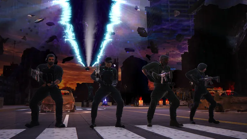 In-game screenshot: Vance, Nova, Doc and Rook line up on a city street beneath the rift