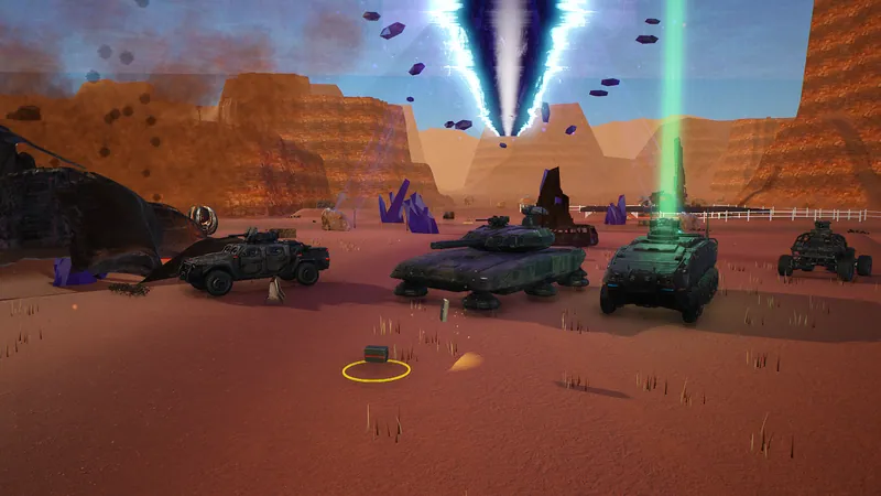 In-game screenshot: an armored truck, a hover tank and an APC in the badlands