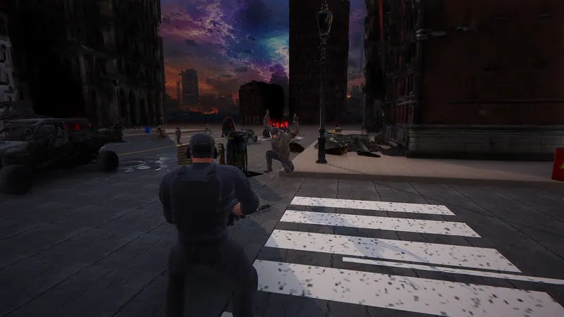 In-game screenshot: a raider kneels with his hands up while an operator holds fire