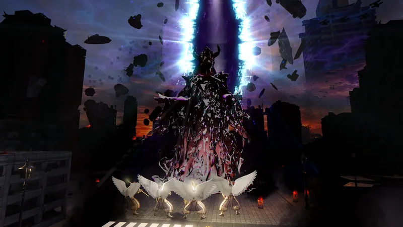 In-game screenshot: four warrior angels face the colossal shadow Adversary beneath the rift