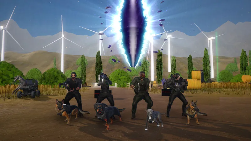 In-game screenshot: the squad with German shepherds, a rottweiler and a pit bull on the farm