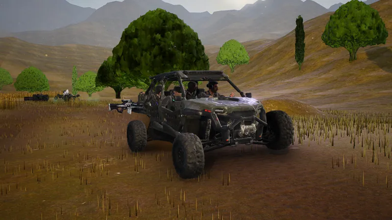 In-game screenshot: four operators ride a side-by-side across the farmland