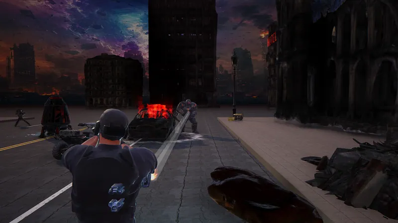 In-game screenshot: an over-the-shoulder Riftrail shot into a Raider Breacher