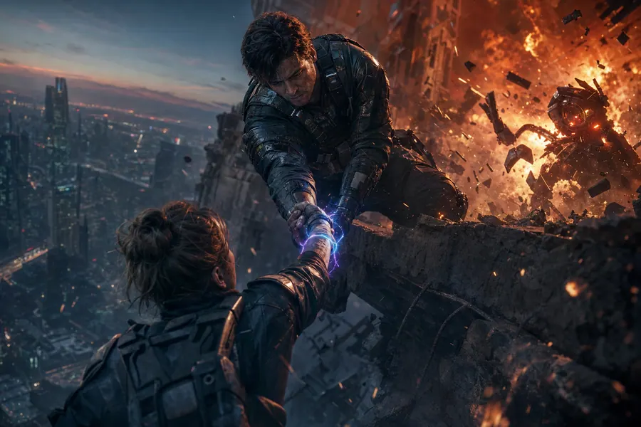 A hero grabs a falling teammate's arm at the edge of a collapsing skyscraper as a robot explodes