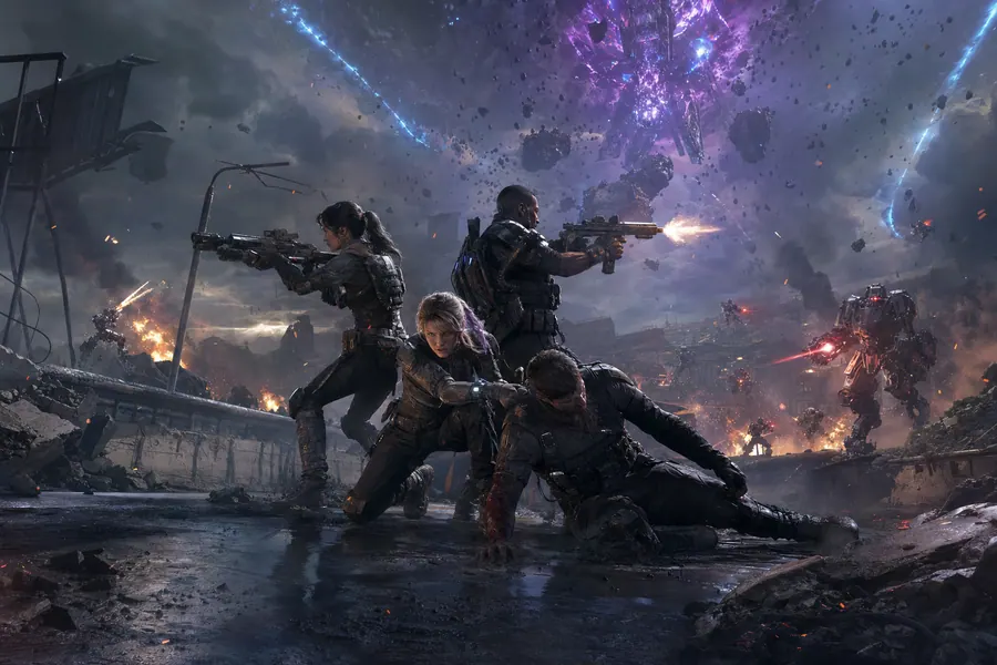 Four teammates fight back to back on a collapsed overpass while one drags a wounded ally to cover