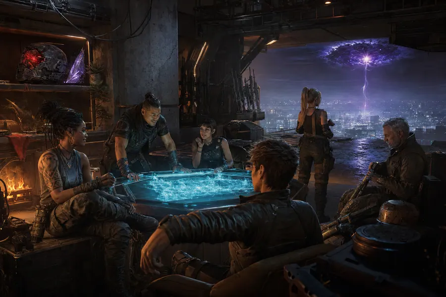 A crew relaxes around a glowing holographic table inside a concrete hangar headquarters