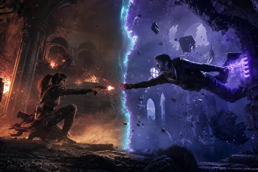 Two teammates in split dimensions reach toward each other across a glowing seam of light