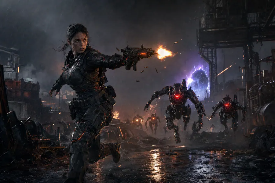 A lone operator sprints through a rain-soaked yard firing back at red-visored robots