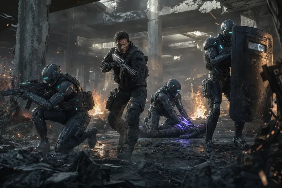 A soldier advances flanked by three armored AI companions, one holding a riot shield