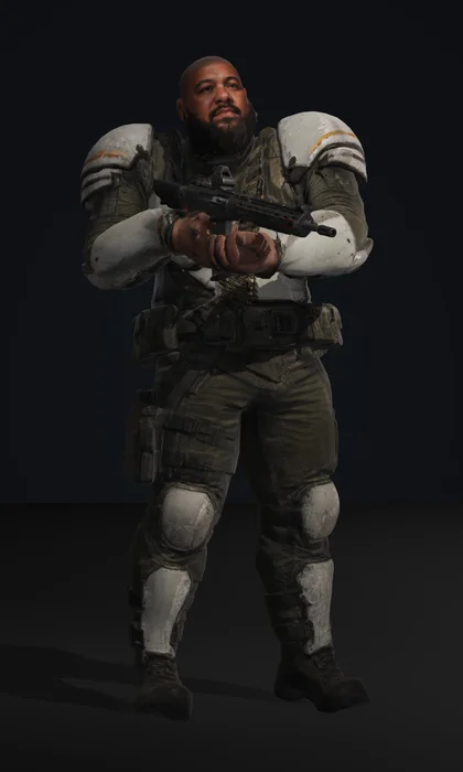 Anvil, a massive heavy gunner with a shaved head, thick beard and armoured olive plate carrier