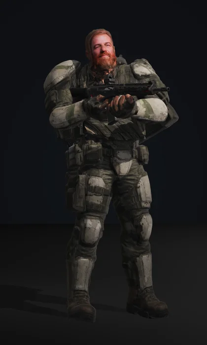 Bishop, a burly red-bearded support gunner in a heavy olive carrier loaded with ammo