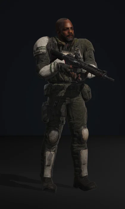 Doc, a powerfully built medic with a shaved head and short beard, white cross on his chest rig
