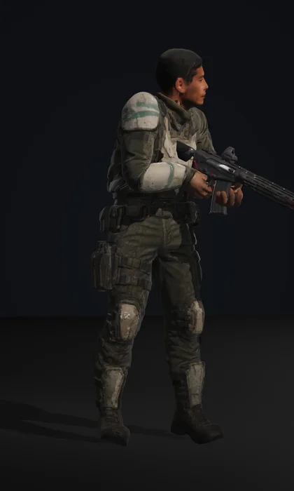 Kade, a lean, muscular pointman in a slate carrier with turquoise stripes