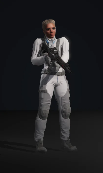 Kestrel, a fit recon operator with platinum Dutch braids in a white and grey soft-shell