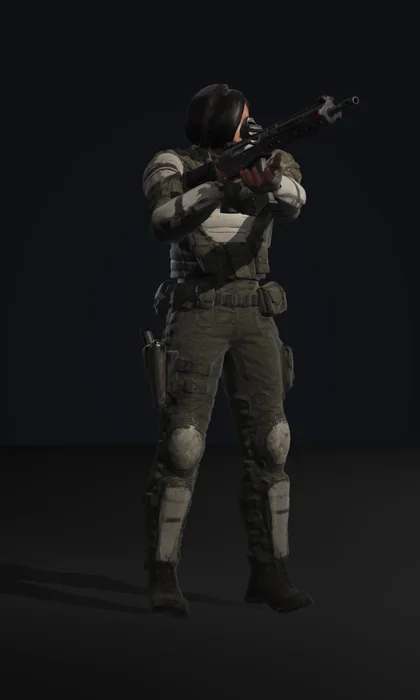 Rook, an athletic sniper with a sleek black bob in a forest-green smock with violet accents