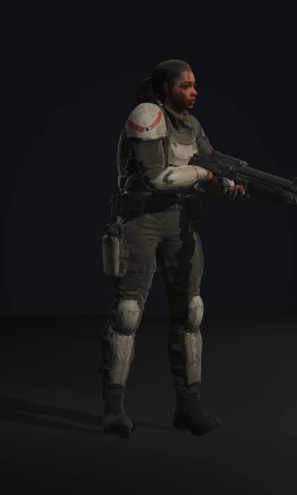 Saber, an athletic breacher with tight cornrows in a crimson and black plate carrier