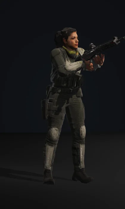 Sierra, a fit combat driver with a dark French braid in a charcoal jacket with lime piping