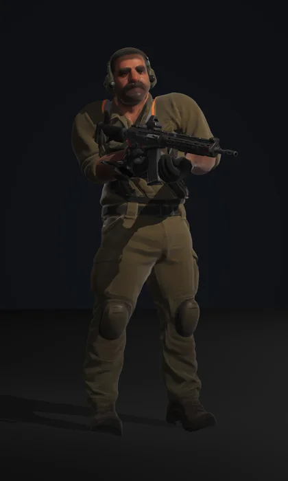 Torque, a stocky, strong engineer with a thick mustache in a tan plate carrier with orange tape