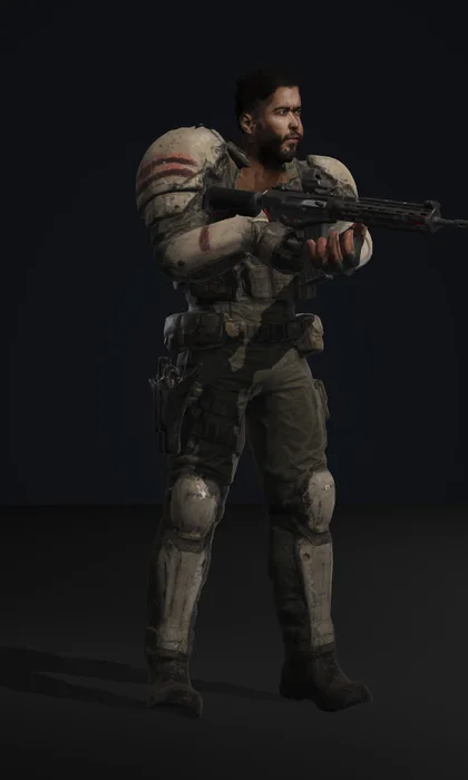 Vance, a bearded, heavily built assault leader in a graphite plate carrier with ember-red accents
