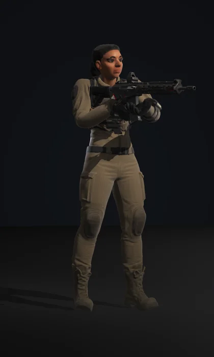Zara, a fit drone operator with a dark braid worn forward over her right shoulder, flat to mid-chest, in a sand-tan jacket with amber light strips